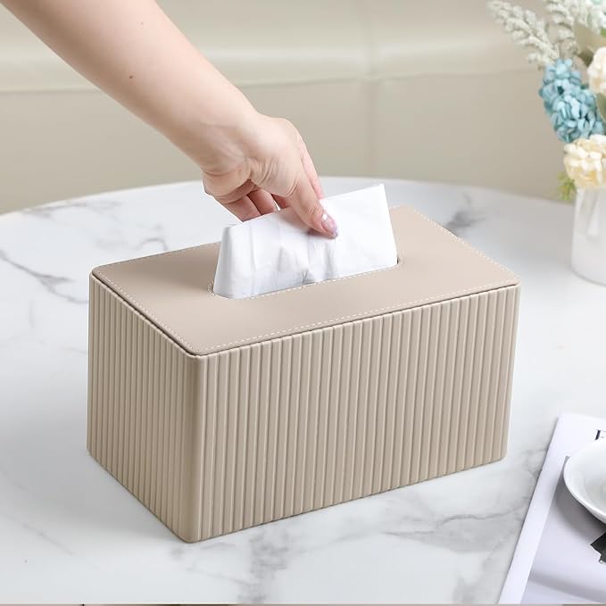 Extra Large Tissue Box Cover for Standard Size 180 to 230 Count Box of Tissues, PU Leather Rectangle Tissue Holder with Magnetic Closure (Beige)