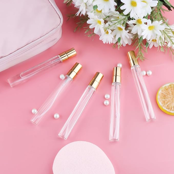 30 Pcs 10ml/0.34oz Mini Spray Bottle Glass Fine Mist Perfume Atomizer Empty Sample Containers with Golden Lids for Travel Cleaning Essential Oils