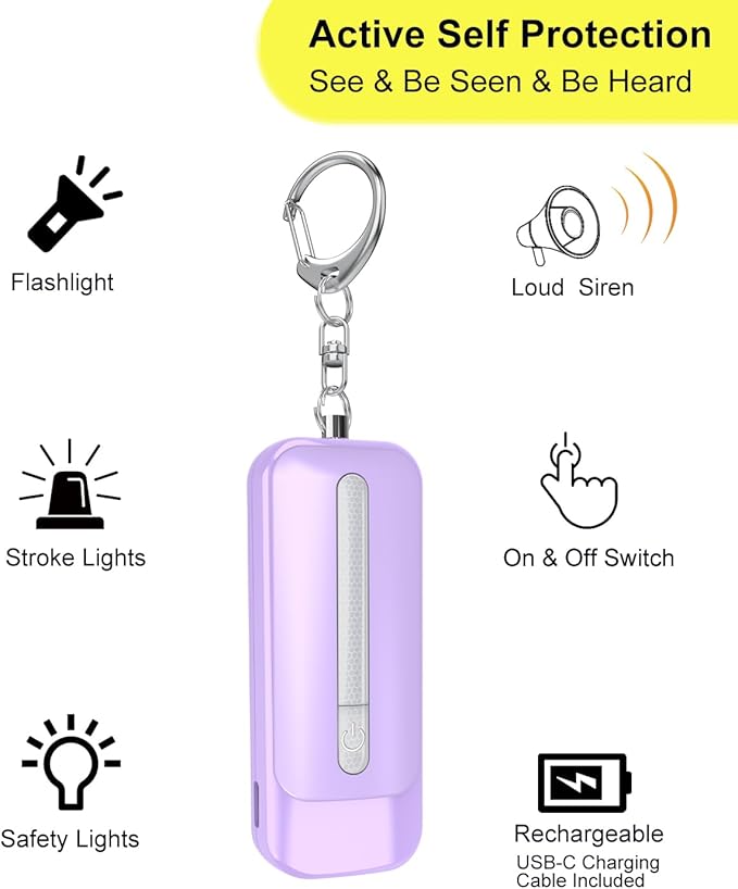 Personal Alarm for Women, Rechargeable with Safety Lights & Low Battery Notice, 130dB Siren with Extra Bright LED Flashlight Strobe Light for Emergency, Dual Light Sources Safety Keychain
