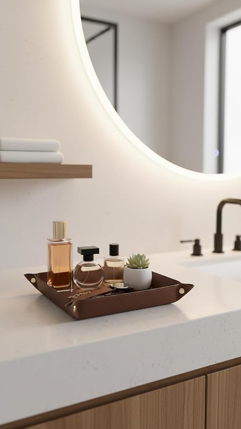 VLANDO Valet Tray for Men Women, Nightstand Organizer Vanity Catchall Holder for Dresser Desk Storage Bedside, Travel PU Leather Jewelry Key Bowl Coin Watches and Candy Entryway Tray - Large, Brown | Large PU leather tray for keys, wallet, watch, coins...