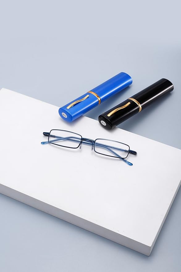 Viseng Slim Mini Metal Reading Glasses Compact Lightweight Portable Readers with Glasses Case for Reading Case,Black+Blue+3.0