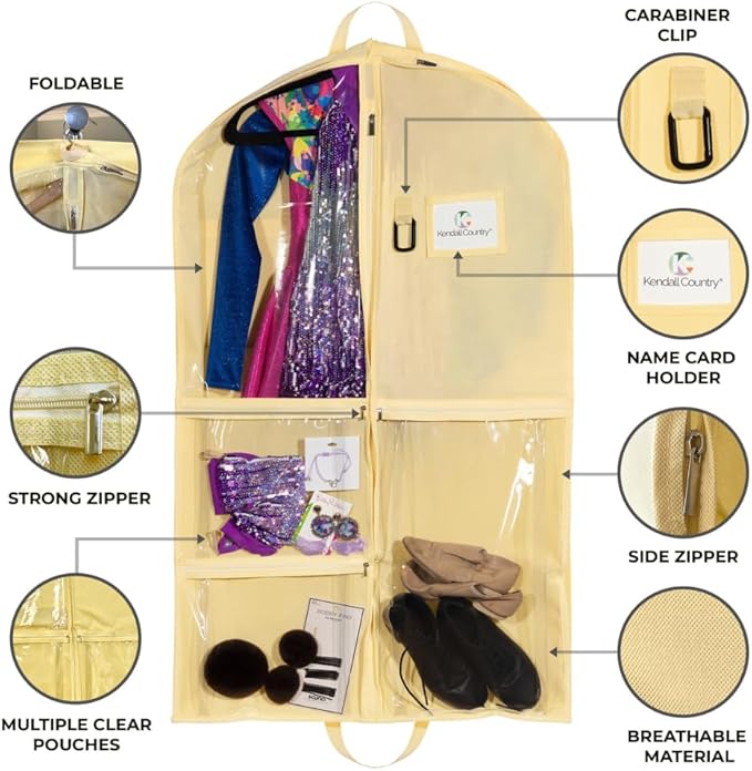 Waterproof Hanging Garment Bag 40 inch Clothes Bag with Gusset, 5 Pockets & Side Zip for Dance Costumes, Sports, Skating, Theatre, Beauty Pageants & More by Kendall Country, Sunshine Yellow