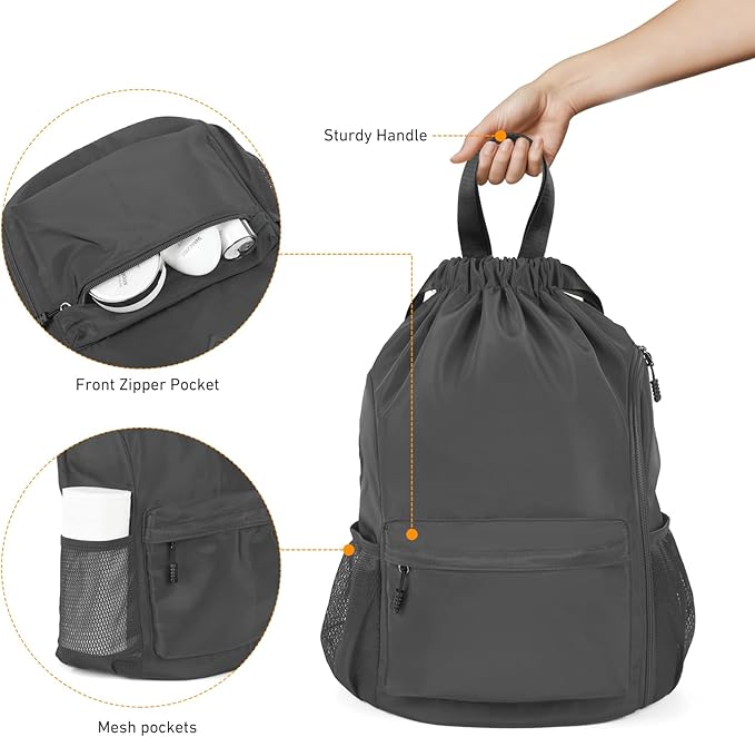 Valleycomfy Waterproof Drawstring Gym Backpack Bag for Men & Women,Sports Gym Bag with Side Pocket Dark Grey