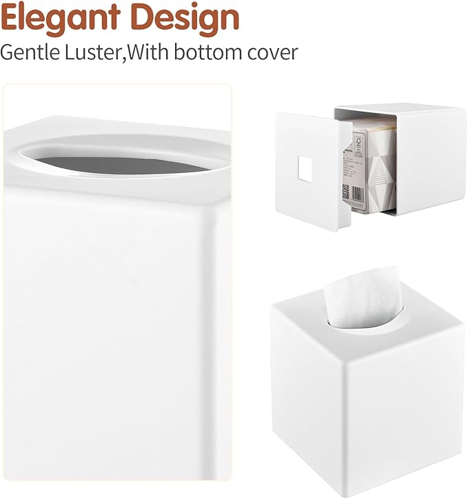 Y-in Hand Tissue Box Cover, Decorative Square Facial Storage Tissue Box Holder, Home Accessories for Bathroom Vanity Countertops, Dressers, Night Stand, Parlors and Office (White)