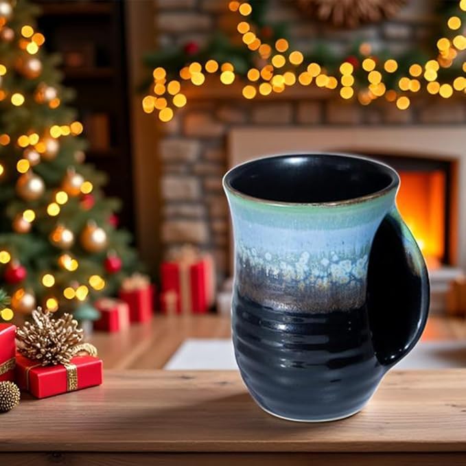 Hand Warmer Mug for Coffee - 16 Ounce Large Hand Warming Mugs Handmade Pottery Ceramic Gift for Thanksgiving Christmas with Contoured Pocket, Keep Your Fingers Warmth, Right Handed, Blue