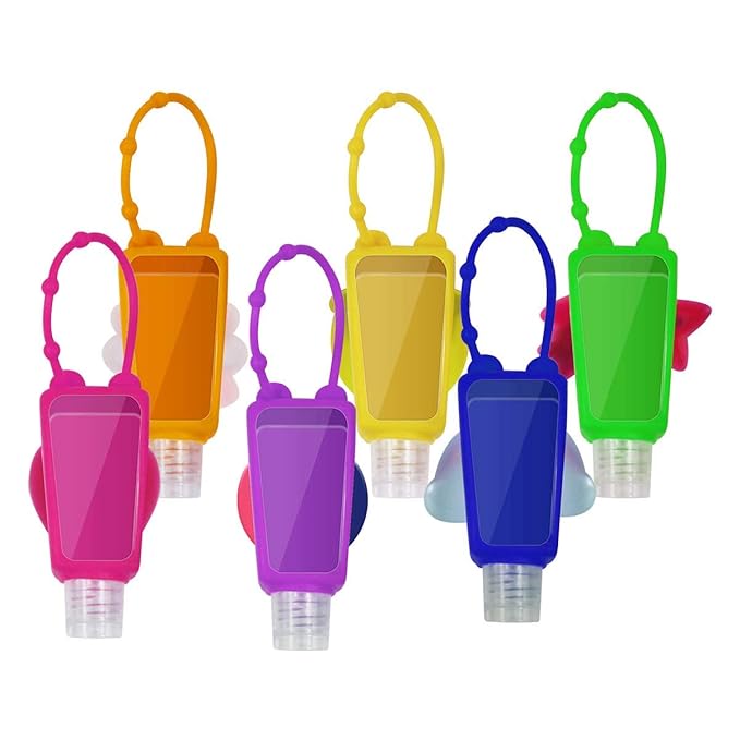 6Pcs Travel Size Kids Empty Hand Sanitizer Bottles with Keychain Holder Detachable Silicone Protective Case 30ml Plastic Travel Bottles Leak Proof Refillable Containers - Rainbow