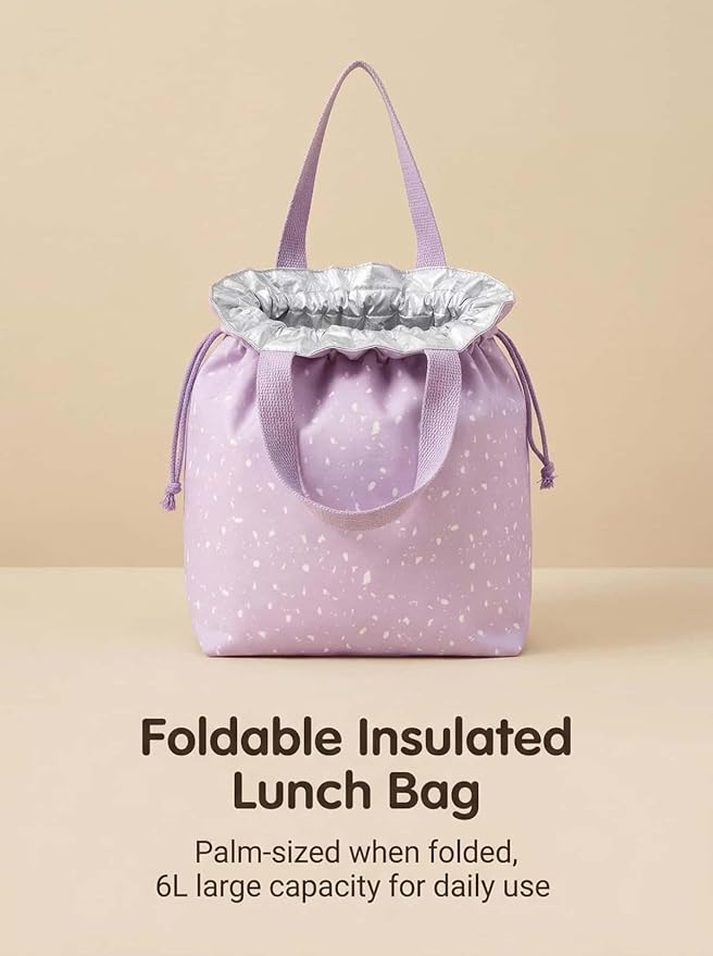 Reusable Small Lunch Bag,Drawstring Lunch Bag,Insulated Handbag Tote bag with Handle (Purple)