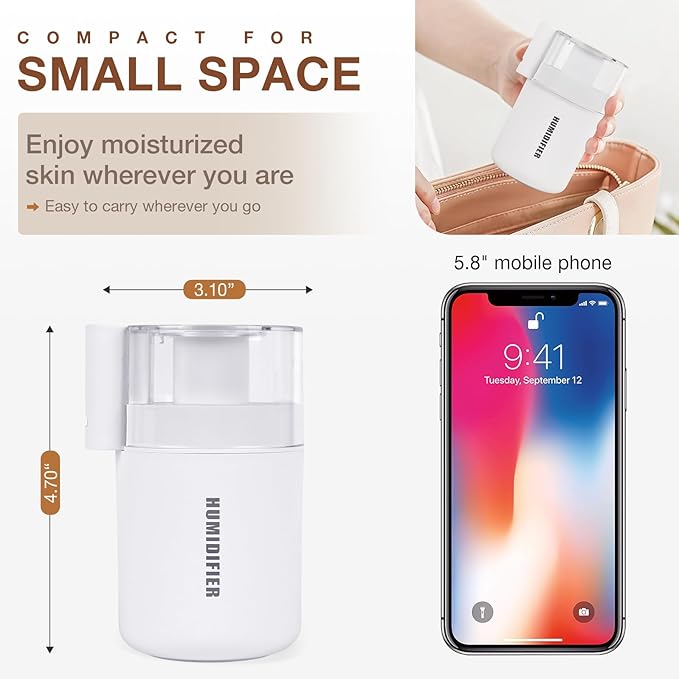 Small Mini Humidifier, USB Desk Cool Mist Humidifier Personal Portable Quiet Table Desktop Humidifiers for Cooling Home Office Car Summer Travel (180ml, White)