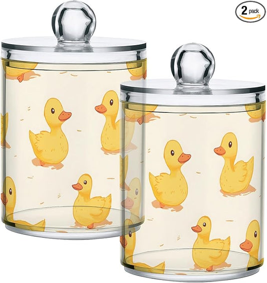 2 Pack Qtip Holder Organizer Dispenser Ducks Yellow Bathroom Storage Canister Cotton Ball Holder Container for Cotton Pads/Swabs/Floss