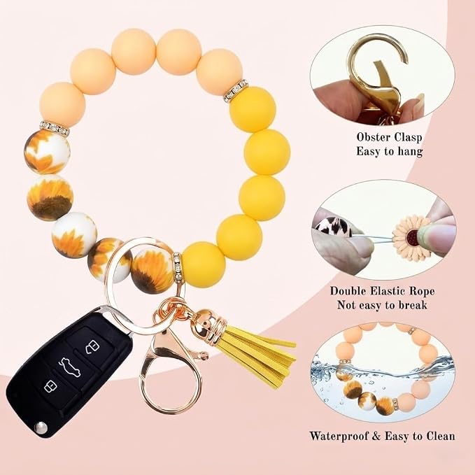 2PCS Bracelet Key Ring Set, Cute Car Key chain Wristlet, Silicone Beaded Bangle keyChains for Women Girls