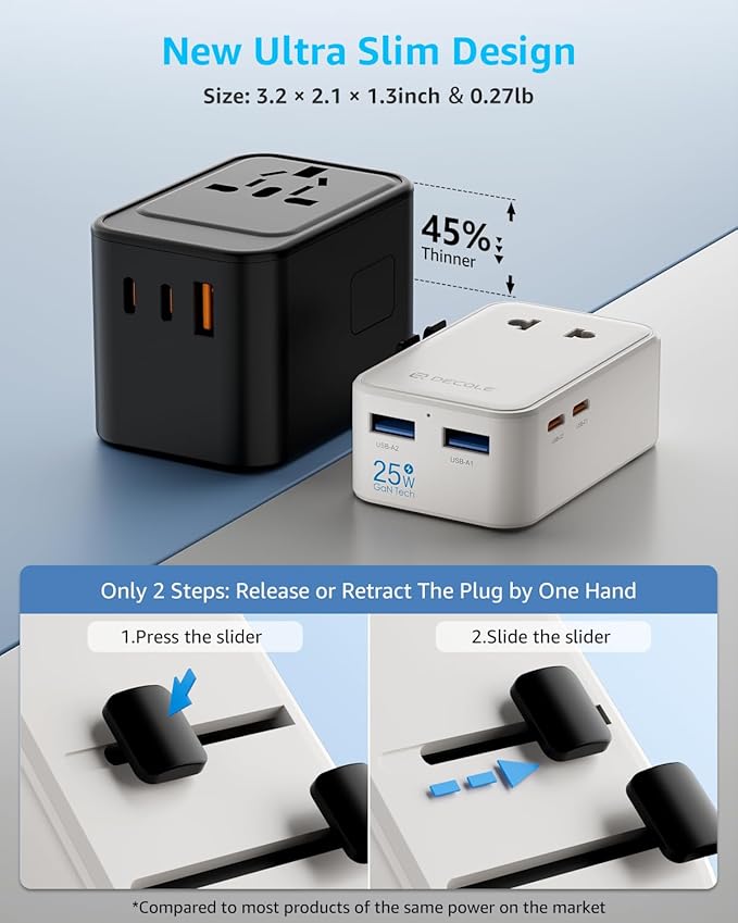“Air” Universal Travel Adapter, Slim International Travel Plug Adapter with 2 USB-C(PD 25W) ＆ 2 USB-A Ports, All in One Portable Adaptor, for USA, UK, EU, AU ＆ 224+ Countries (White) US