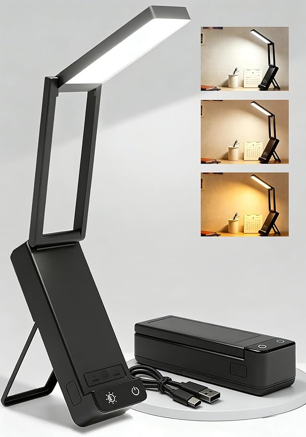 EZVALO LED Rechargeable Desk Lamp, 6000mAh Battery Operated Light, Cordless Table Lamp for Book Reading, Foldable Mini Lamp & Portable, 3 Color Dimmable Small Wireless Reading Lamp, Black