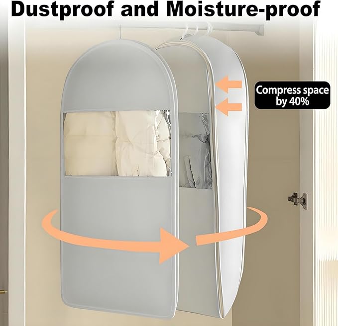 Space Saving Hanging Garment Bag with Self Compression Zipper, New Update Space Saver Clothes Storage Organizer, Dust Cover Clothes Bags for Down Coat Suit Dress or Jacket (Gray, L)