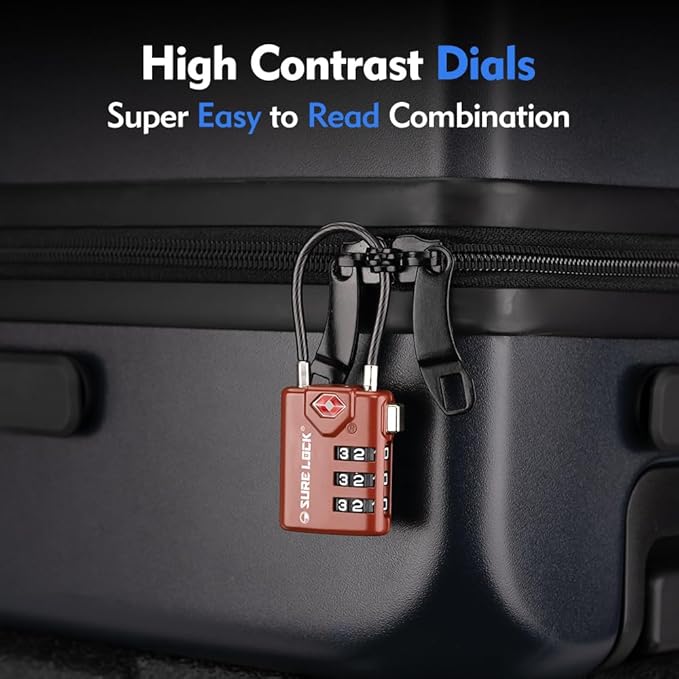 SURE LOCK TSA Approved Luggage Locks with Open Alert Indicator, 3 Digit Combination Cable Travel Lock for Suitcase, Backpack, Gym Locker, Toolbox & Travel Bag