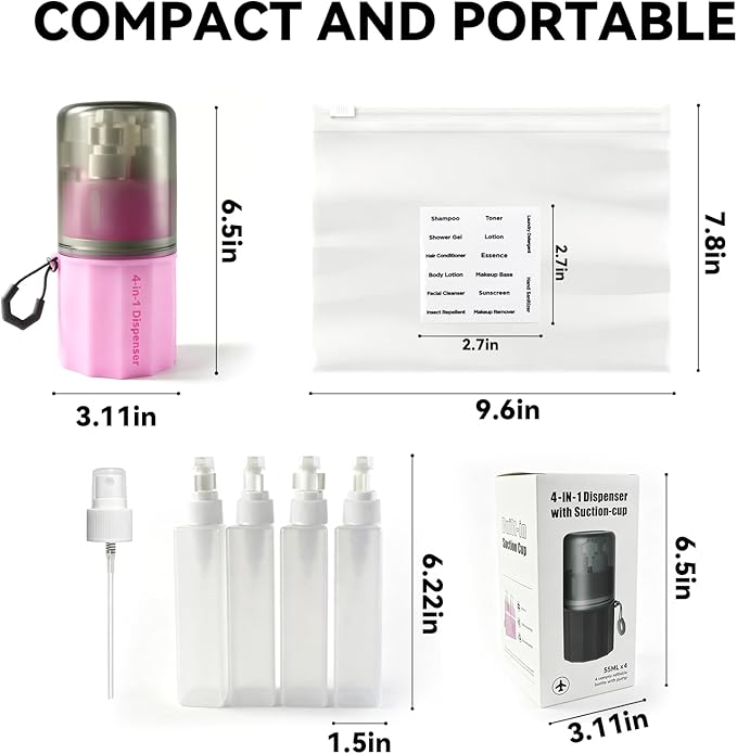 4 in 1 Travel Dispenser，Unbreakable Silicone Travel Dispenser Bottle, Vacuum Suction Wall Mounted Refillable Containers,Leakproof Toiletry Containers for Shampoo, Lotion, Baby Care-Pink.