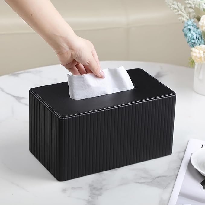 Extra Large Tissue Box Cover for Standard Size 180 to 230 Count Box of Tissues, PU Leather Rectangle Tissue Holder with Magnetic Closure (Black)