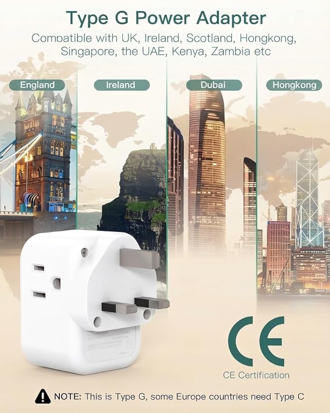 Addtam US to UK Ireland Travel Plug Adapter, Type G Power Plug Adapter with 3 Outlets 3 USB Ports(2 USB C), UK Adapters for Travel for USA to Dubai England London Scotland British Kenya Irish Hongkong