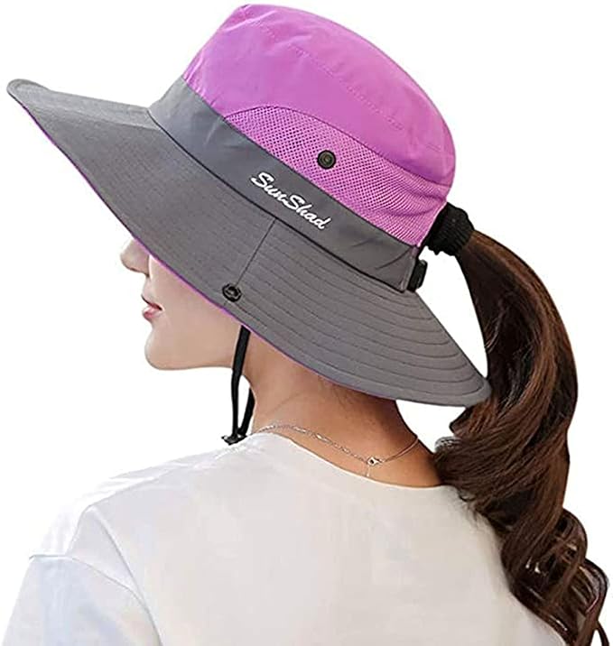 Sun Hat for Women Summer UV Protection Beach Hat Wide Brim Mesh Bucket Fishing Hat with Ponytail Hole Foldable Packable Hat