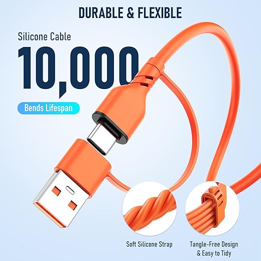 Travel Essentials 3 in 2 Multi Charging Cable 100W USB A/C to Dual USB C/for Apple Watch Charging Cable Silicone Fast Charge Compatible with iPhone 17-15 Series iPad MacBook, Type-C Devices 5FT-Orange