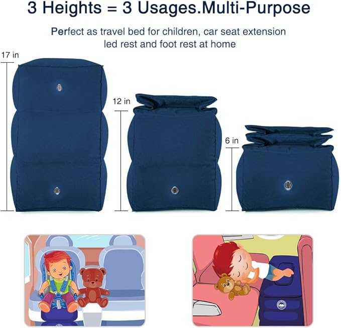 Travel Foot Rest Pillow, Portable Inflatable with Double Hand Pump Adjustable Three Layers Height Pillow for Foot Rest on Airplanes,Cars,Buses,Trains,Office Kids to Sleep on Long Flights (Blue)
