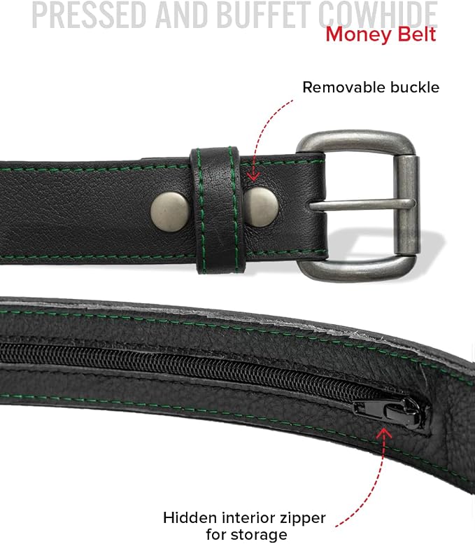 First Mfg Co - Mens Premium Leather Belt With Removable Buckle And Hidden Zipper Money Belt Daily Wear For Pants Perfect Fit