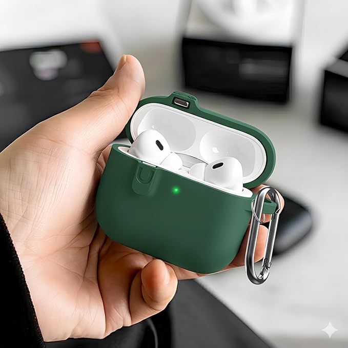 for AirPods 4 Case Cover with Cleaner Kit, Soft Silicone Cover for AirPods 4 Comes with Magnetic Lid Lock & Keychain-Solid for Women/Men,Pine Green