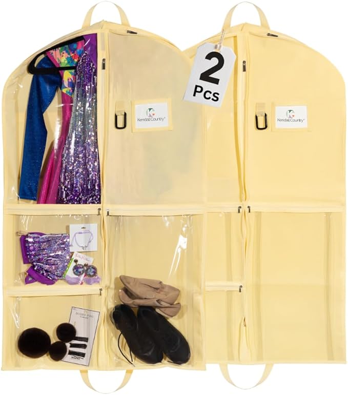 Waterproof Hanging Garment Bag 40 inch Clothes Bag with Gusset, 5 Pockets & Side Zip for Dance Costumes, Sports, Skating, Theatre, Beauty Pageants & More by Kendall Country, Sunshine Yellow