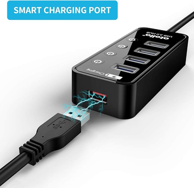 USB 3.0 Hub, atolla 4 Ports Super Speed USB 3 Hub Splitter with On Off Switch with 1 USB Charging Port (Cable Length 2 Feet, No AC Adapter) (4-Port hub)