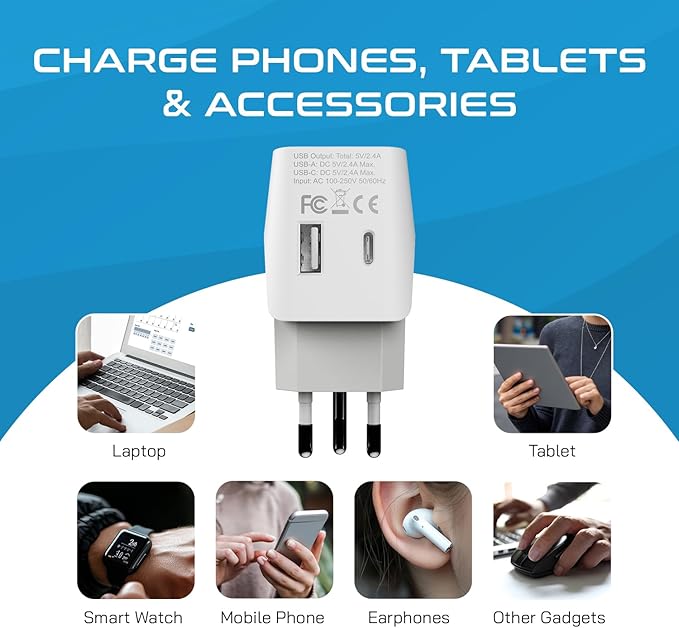 Ceptics Switzerland Travel Plug Set - with 2 USB + USA Socket Input - Type J and Type C- Ultra Compact - Safe Grounded Perfect for Cell Phones, Laptops, Camera Chargers