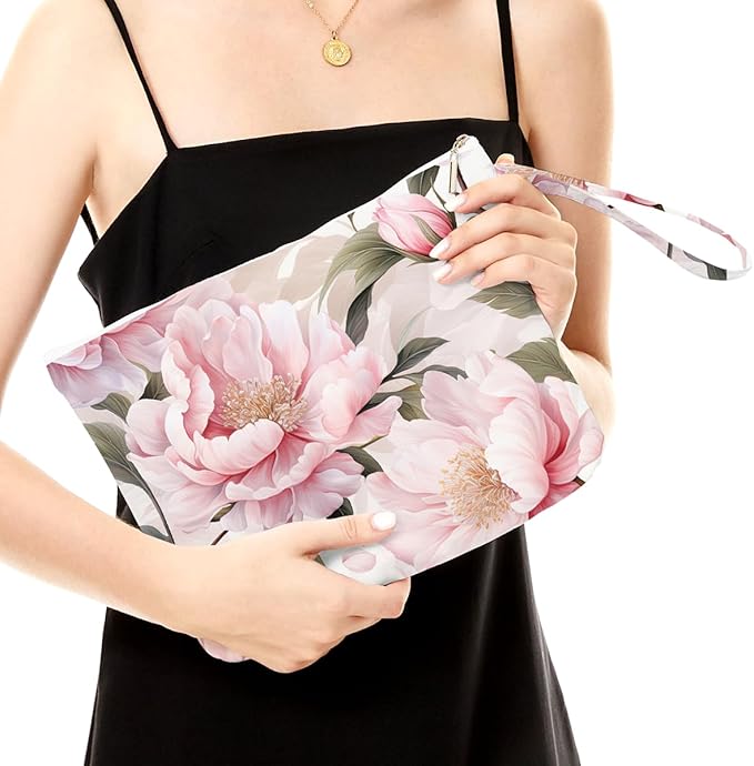 Fokongna Floral Print Wet Bag, Small Portable Waterproof Multi-Functional Organizer for Women, Ideal for Daily, Beach & Travel, Blush Pink Peony Romance