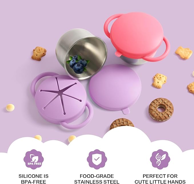 Daximo 2 Pack Snack Cups for Toddlers Spill Proof - Detachable Stainless Steel Toddler Snack Cups with Silicone Lids & Handles - Dishwasher Safe Snack Container(Red and Purple)