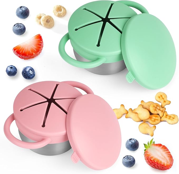 Daximo 2 Pack Snack Cups for Toddlers Spill Proof - Detachable Stainless Steel Toddler Snack Cups with Silicone Lids & Handles - Dishwasher Safe Snack Container(Green and Pink)
