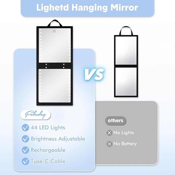 Fabuday Lighted Hanging Mirror for Dance Backstage - Rechargeable Folding LED Full Length Mirror with Lights for Dancers, Portable Foldable Travel Body Mirrors, Brightness Adjustable, Black