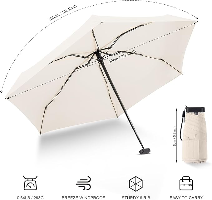 Mini Umbrella - Compact, Waterproof Travel Umbrella for Light Rain, Suitable for Women's Purse and Pocket