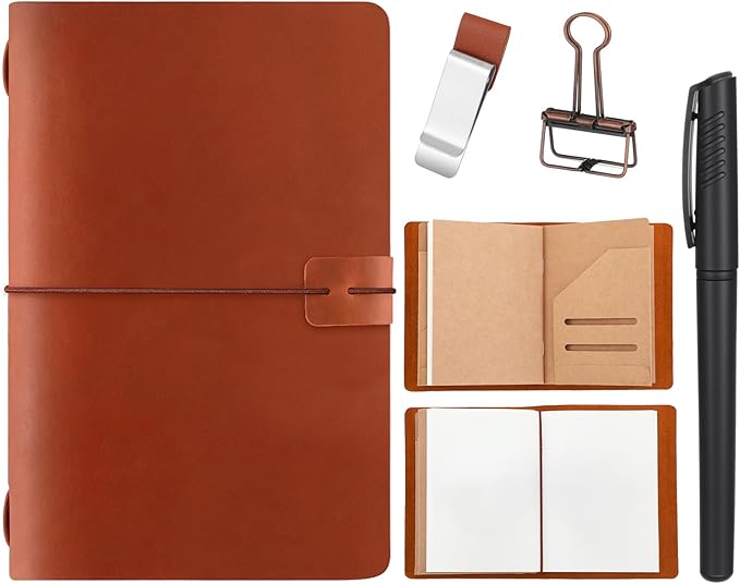 Thenshop Travelers Refillable Leather Journal Notebook Travel Diary Handmade Passport Travelers Journal for Men and Women with 3 Notebook Inserts, Pen Holder, Binder Clip(Brown,A5 Size)
