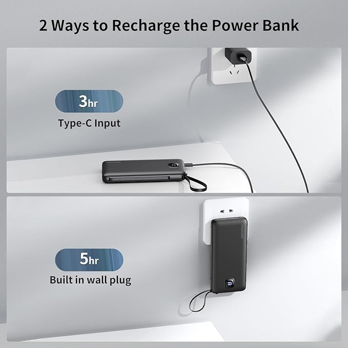 penaover Portable Charger with Built-in Cables&AC Wall Plug,Slim 10000mAh 22.5W Fast Charging Power Bank,5 Output 2 Input USB-C External Battery Pack Compatible with iPhones,Android,Samsung, etc