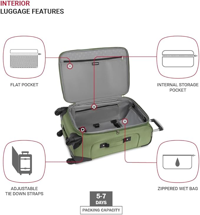 SWISSGEAR Sion Softside Expandable Spinner Luggage Durable Lightweight Travel Suitcase, Evergreen, Checked-Medium