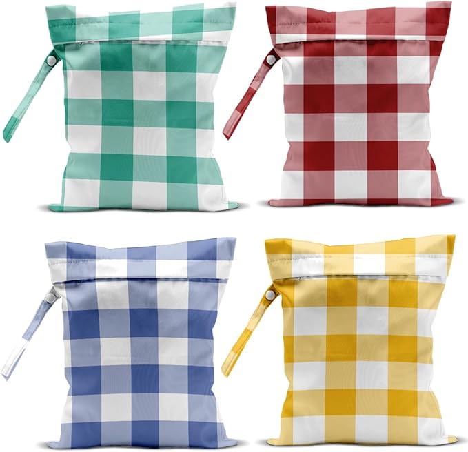 Wet Bag, 4Pcs Wet Dry Bag Set, Reusable Waterproof Bags with Plaid Prints for Women, Ideal for Beach Vacations, Pool Days, Travel & Daily Essentials Storage