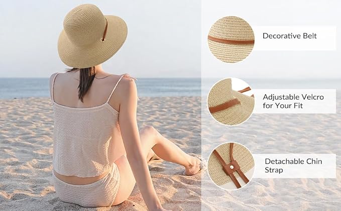 Beach Hat for Women, Wide Brim Sun Straw Hats for Women, Sun Hat Womens UPF 50+ UV Protection, Floppy Foldable Summer Hats