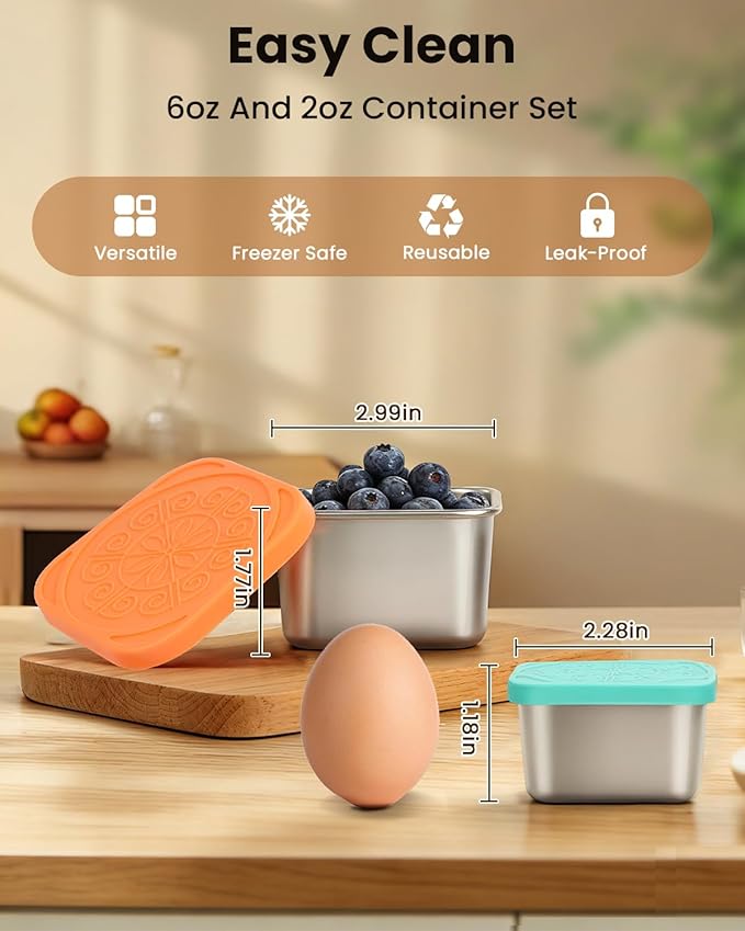 12Pack Small Stainless Steel Snack Containers with Lids, 6oz & 2oz Reusable Leakproof Sauce Condiment Cups, Salad Dressing Containers To Go for Adults LIttle One Lunch, Bento Box, Picnic and Travel