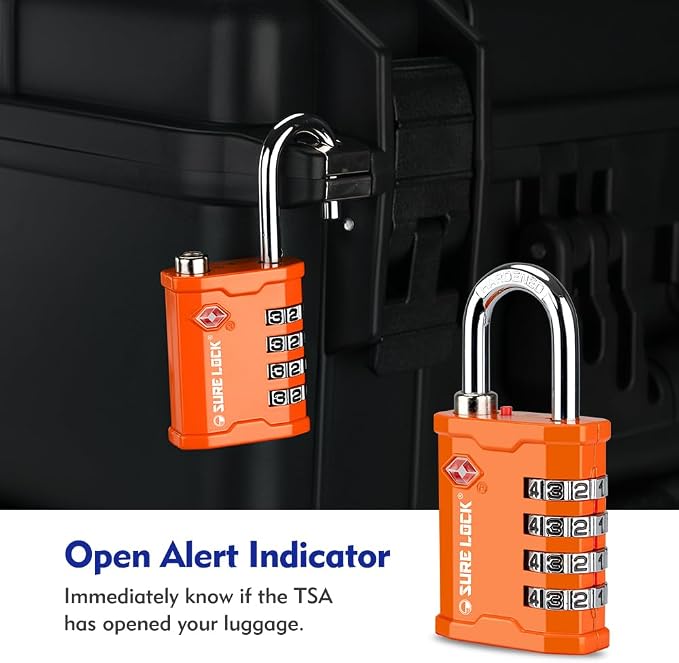 SURE LOCK TSA Approved 4 Digit Combination Lock, Heavy Duty Padlock with Red Dot Indicator for Gun Cases, Pelican Cases, Tool Boxes, Gym Lockers, Storage Units & Outdoor Gates (2, Orange)