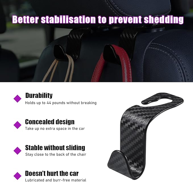 povtii 4 PCS Car Seat Headrest Hooks, Auto Backseat Organizer Hanger Holder, Vehicle Seat Back Storage Hooks for Purse Coat Umbrella Grocery Bag Handbag, Interior Car Accessories (Carbon Fiber)