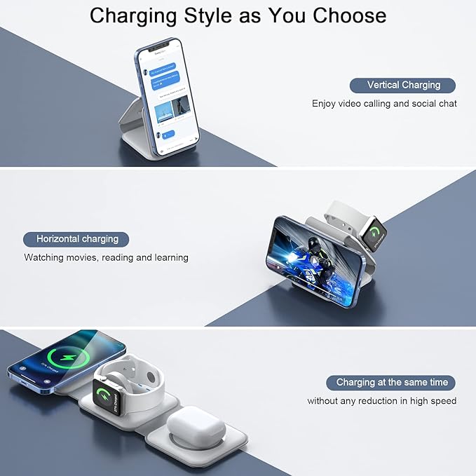 Wireless Charger 3 in 1,RTOPS Magnetic Traval Wireless Charging Station Multiple Devices,GaN 3 in 1 Charging Station,Compatible iphone17/16/15/14/13/Pro/Max,iWatch,AirPods4/3/2/Pro(Adapter Includes)