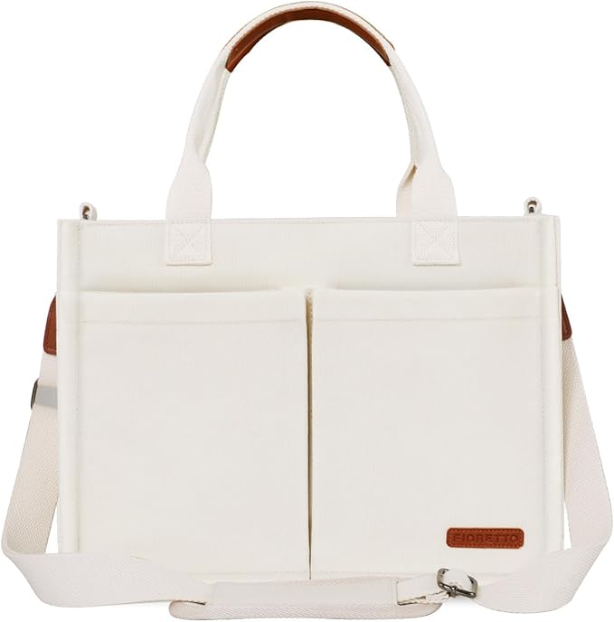 FIORETTO Womens Canvas Tote Bag Purse with Individual Compartment, Zipper Top, Reinforced Bottom & Luggage Sleeve