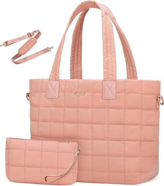 LOVEVOOK Laptop Tote Bag for Women, 15.6 Inch Large Puffer Work Computer Tote Bags for Teacher Nurse, Quilted Women's Purse Tote Shoulder Handbags with Zipper for Travel College Office Gym, Dark Pink