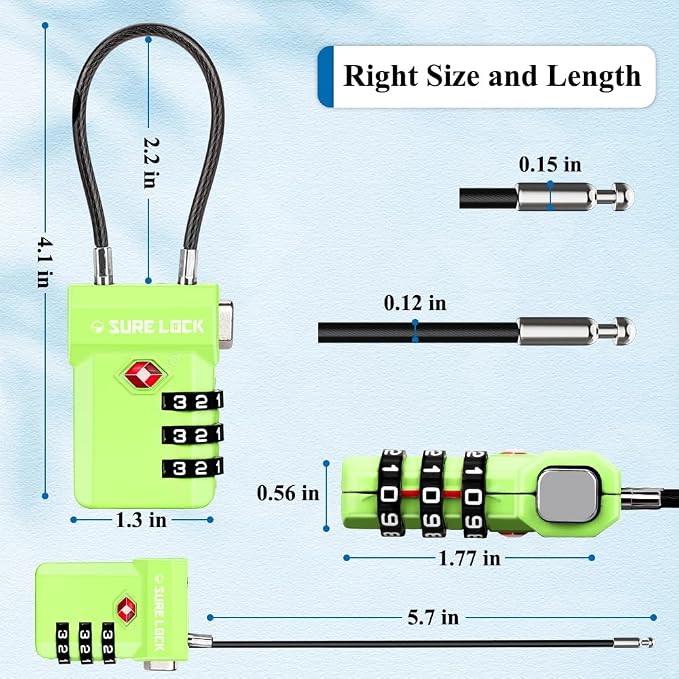 SURE LOCK TSA Approved Luggage Locks with Open Alert Indicator, 3 Digit Combination Cable Travel Lock for Suitcase, Backpack, Gym Locker, Toolbox, Carry On & Travel Bag