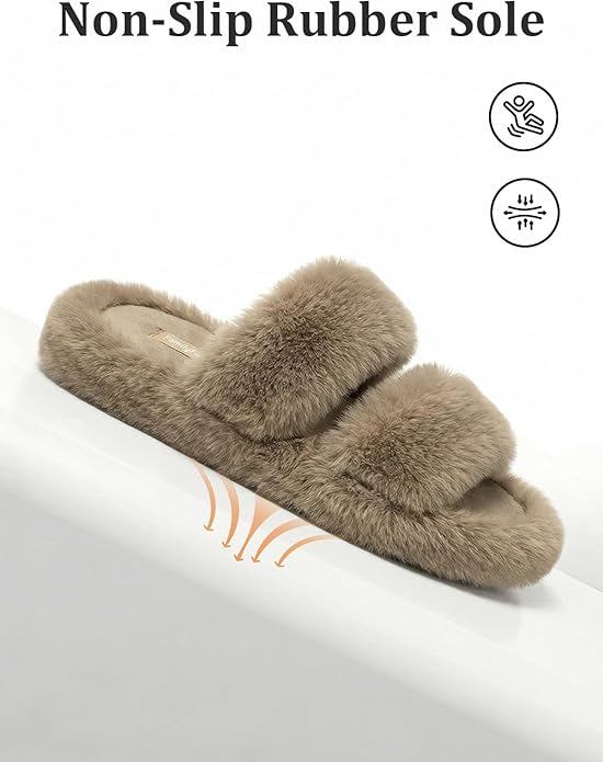 FamilyFairy Women's Fluffy Faux Fur Slippers Comfy Open Toe Two Band Slides with Fleece Lining and Rubber Sole