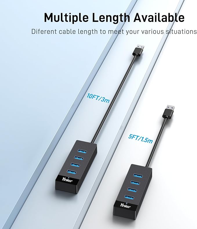 USB 3.0 Hub Long Cable 10FT, 4 Port USB Extension Data Cable USB Dock Extender for Desktop PC Laptop Mac, Windows, 5Gbps