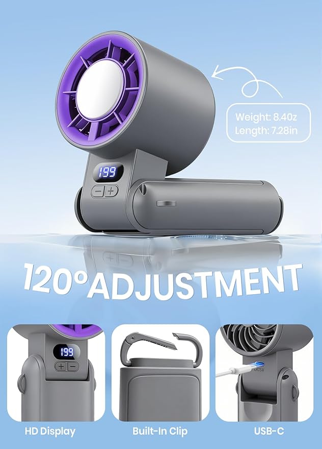 Portable Handheld Turbo Fan, 1-199 Speed Adjustable with LED Display, High-Power Motor, Rechargeable Battery, 4 IN 1 Pocket Design Mini Fans for Indoor/Outdoor/Travel/Work, Grey Purple