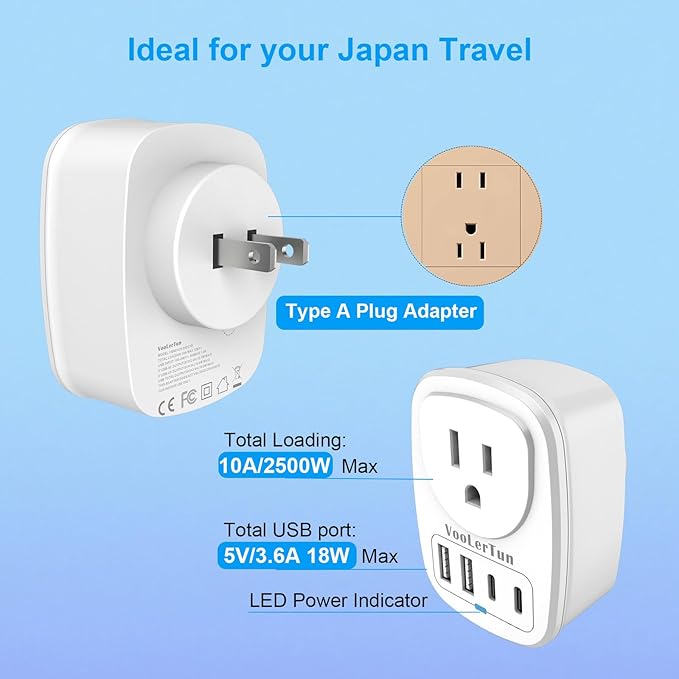 US to Japan Plug Adapter 2 Prong to 3 Prong Outlet Adapter Converter Type A with 4 USB Ports 2 Pack Japan Power Adapter, Philippine Canada Taiwan Japan Travel Cruise Essentials